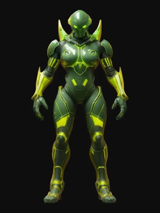 3D model for sci-fi cyber alien conqueror, massive body of technological supports, graceful body curves, special elengant platic-metal spacesuit on body, glowing symbols all over body, menacing head with a menacing look, extremely details, high resolution texture, epic stance