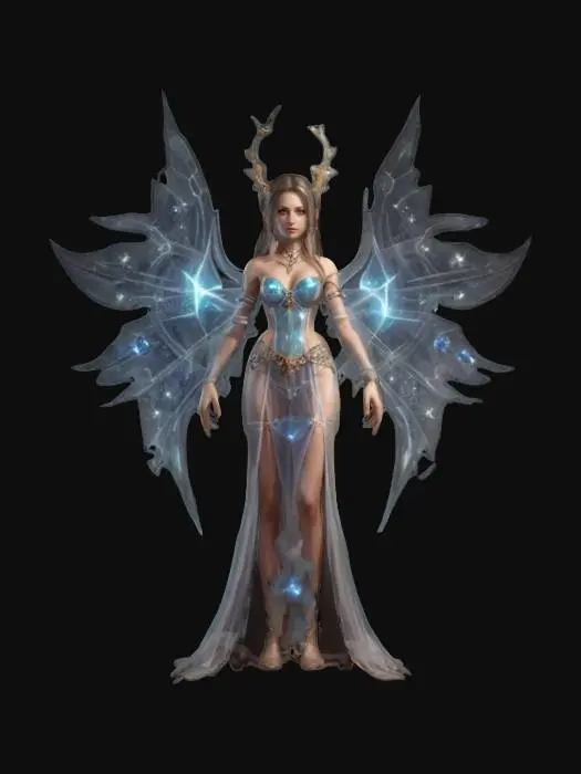 3D model for fantasy female elementalist, slim figure and elegant body, beautifully and neatly dressed with lots of small accessories, she has a magical effect all around her, dreamy expression on her face, extremely details, high resolution texture, epic stance