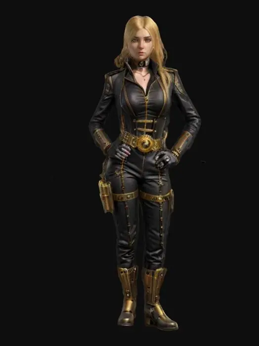 3D model for fantasy steampunk female technologist, arms around body or on hips or resting on torso, dressed in steampunk style jumpsuit, various devices with alarms attached to body, devices slightly glowing, pensive stance, long or short but groomed hair, extremely detailed, high resolution texture, epic stance