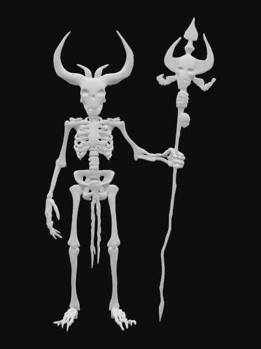 3D model for fantasy bone seer, tall and skinny creature made of cracked bones covered in runes, skull is elongated, eyes glow blue or purple, wears a crown of horns, body is decorated with chains with skulls, fingers have long, pointed claws, holds a staff made of spine in his hands, bone fragments levitate around his hands when divination, staff glows when attacked, extremely detailed, on the attack, high resolution texture, epic stance