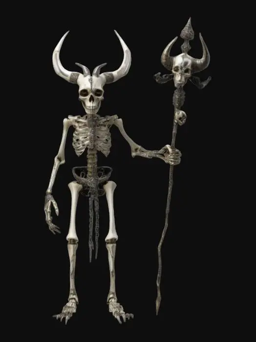3D model for fantasy bone seer, tall and skinny creature made of cracked bones covered in runes, skull is elongated, eyes glow blue or purple, wears a crown of horns, body is decorated with chains with skulls, fingers have long, pointed claws, holds a staff made of spine in his hands, bone fragments levitate around his hands when divination, staff glows when attacked, extremely detailed, on the attack, high resolution texture, epic stance