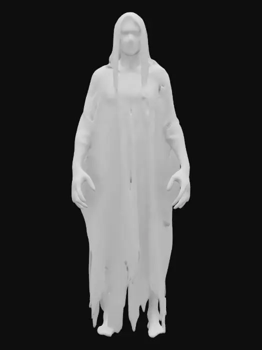 3D model for fantasy forest ghost, tall shadowy figure shrouded in shreds of fog and leaves, no clear features, glowing eyes resembling witches, moves through the air, fingers long and sharp as dry branches, icy gaze grips the heart of prey, extremely details, high resolution texture, epic stance