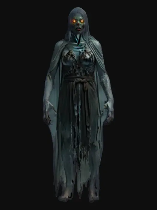 3D model for fantasy forest ghost, tall shadowy figure shrouded in shreds of fog and leaves, no clear features, glowing eyes resembling witches, moves through the air, fingers long and sharp as dry branches, icy gaze grips the heart of prey, extremely details, high resolution texture, epic stance