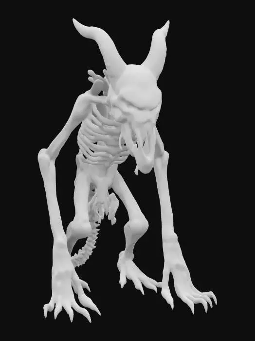 3D model for fantasy old demon from old faded world, emaciated withered body, long withered limbs, magic holding his remains together, terrifying appearance, bloodthirsty open mouth, bright light coming from inside his body, extremely detailed high resolution texture, epic stance