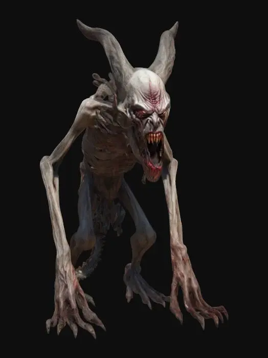 3D model for fantasy old demon from old faded world, emaciated withered body, long withered limbs, magic holding his remains together, terrifying appearance, bloodthirsty open mouth, bright light coming from inside his body, extremely detailed high resolution texture, epic stance