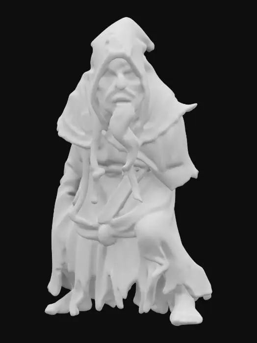 3D model for fantasy decrepit hermit wizard, connected to nature, decrepit emaciated and hunched body, eyes have an extinguished flame and dead light, clothing is an old decorative robe on which runes and symbols of bygone times shine, extremely detailed, high-resolution texture, epic looks