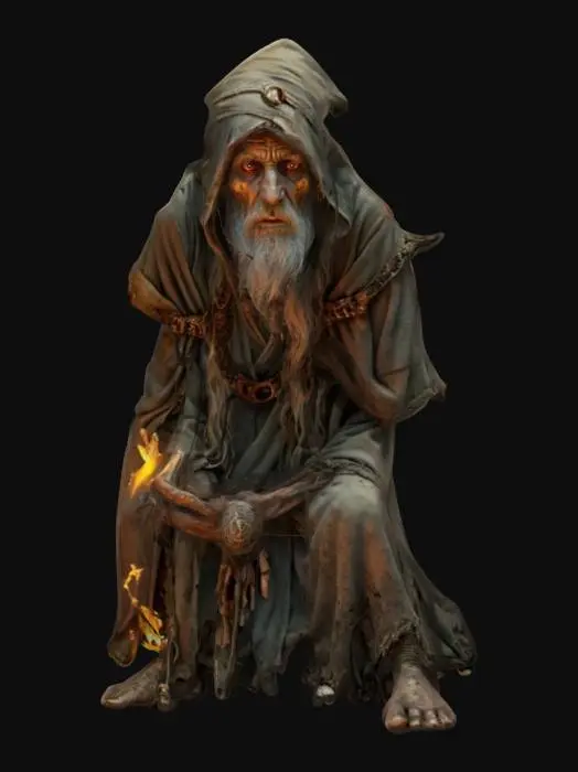 3D model for fantasy decrepit hermit wizard, connected to nature, decrepit emaciated and hunched body, eyes have an extinguished flame and dead light, clothing is an old decorative robe on which runes and symbols of bygone times shine, extremely detailed, high-resolution texture, epic looks