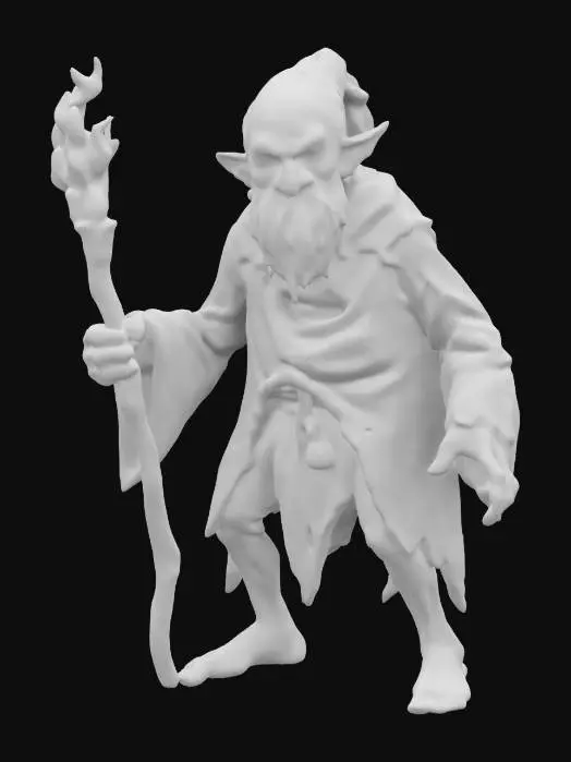 3D model for fantasy decrepit hermit wizard, connected to nature, decrepit emaciated and hunched body, eyes have an extinguished flame and dead light, clothing is an old decorative robe on which runes and symbols of bygone times shine, extremely detailed, high-resolution texture, epic looks