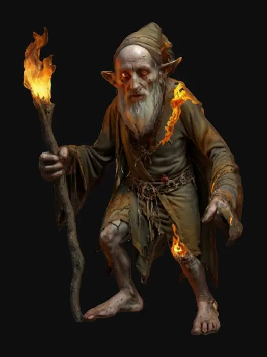 3D model for fantasy decrepit hermit wizard, connected to nature, decrepit emaciated and hunched body, eyes have an extinguished flame and dead light, clothing is an old decorative robe on which runes and symbols of bygone times shine, extremely detailed, high-resolution texture, epic looks