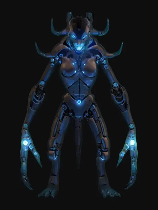 3D model for sci-fi dark horror hologram monster, intangible intertwined body, mouth full of sharp shadows, several limbs stretched forward to grab prey, completely translucent and dark body, electronic effects glowing over the body, extremely details, high resolution texture, epic stance