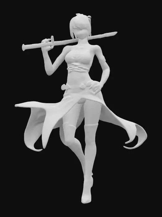 3D model for sci-fi fantasy female ninja, elegant and graceful body curves, elegant clothing, short dress blowing in the wind, short tied hair, elegant mask on face (carnival), weapon samurai sword, in attack, extremely details, high resolution texture, epic stance