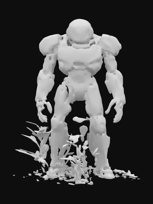 3D model for sci-fi robotic cyborg, protecting a plant, cyborg's massive body is covered in plastic-metal, radiating a force field that protects a small flowering plant, the plant is enclosed under a force field, extremely detailed high-resolution texture, epic stance, #valentine#