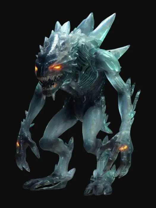 3D model for extreme sci-fi technological monster, body made of special crystalline liquid with the possibility of gel-like transformation, tall monster on several legs, partially transparent body, powerful jaws with fangs, control unit in the middle of the body, entire body covered in luminescent energy, extremely detailed, high-resolution texture, epic stance