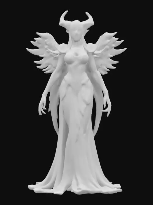 3D model for fantasy creature humanoid female, transformed into wings instead of hands, graceful curves of the body, beautifully dressed, human skin on the body transformed into feathers in places, weapon spear or just claws, extremely details, high resolution texture, epic stance