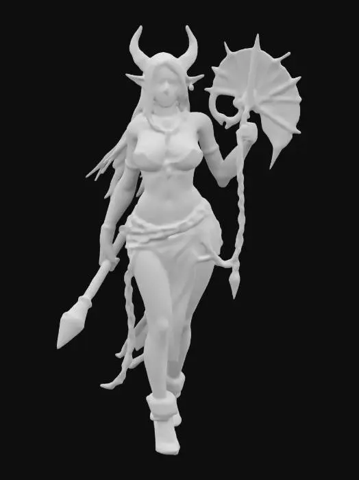 3D model for fantasy female humanoid creature, graceful and strong body curves, dressed in forged chains, holding a metal fan as a weapon, extremely detailed, high resolution texture, epic stance