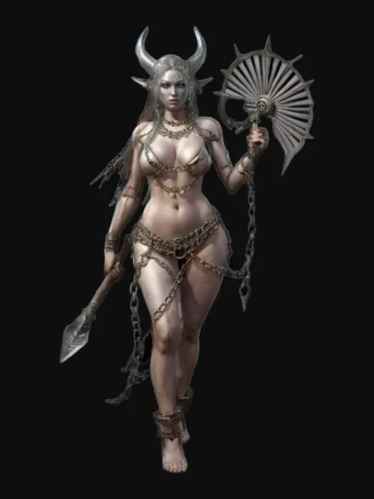 3D model for fantasy female humanoid creature, graceful and strong body curves, dressed in forged chains, holding a metal fan as a weapon, extremely detailed, high resolution texture, epic stance
