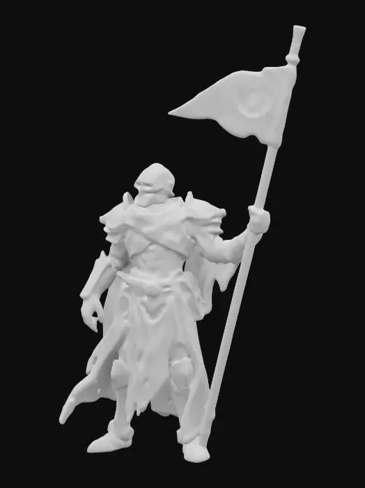 3D model for sci-fi old robot technologist, warped crushed disjointed body, torn robe fluttering in the wind, warped armor, glowing eyes, holding a fluttering battle flag in his hand, extremely detailed, high resolution texture, epic stance