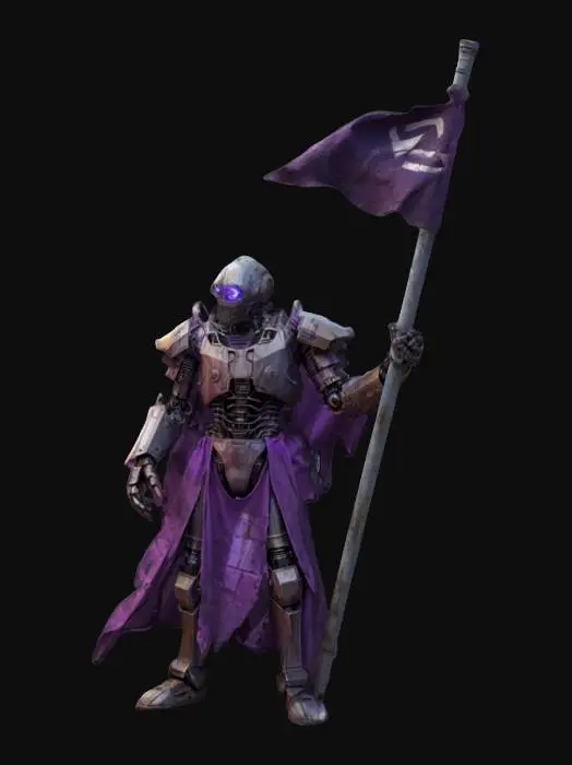 3D model for sci-fi old robot technologist, warped crushed disjointed body, torn robe fluttering in the wind, warped armor, glowing eyes, holding a fluttering battle flag in his hand, extremely detailed, high resolution texture, epic stance