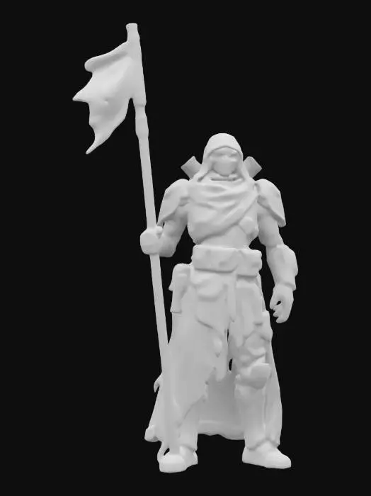 3D model for sci-fi old robot technologist, warped crushed disjointed body, torn robe fluttering in the wind, warped armor, glowing eyes, holding a fluttering battle flag in his hand, extremely detailed, high resolution texture, epic stance