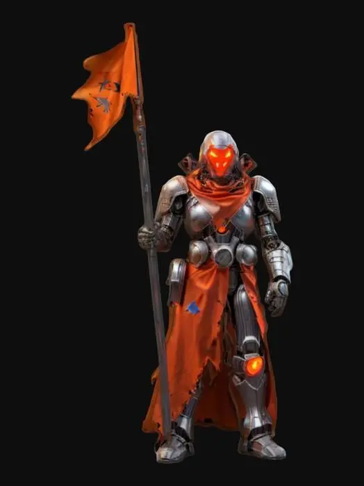 3D model for sci-fi old robot technologist, warped crushed disjointed body, torn robe fluttering in the wind, warped armor, glowing eyes, holding a fluttering battle flag in his hand, extremely detailed, high resolution texture, epic stance