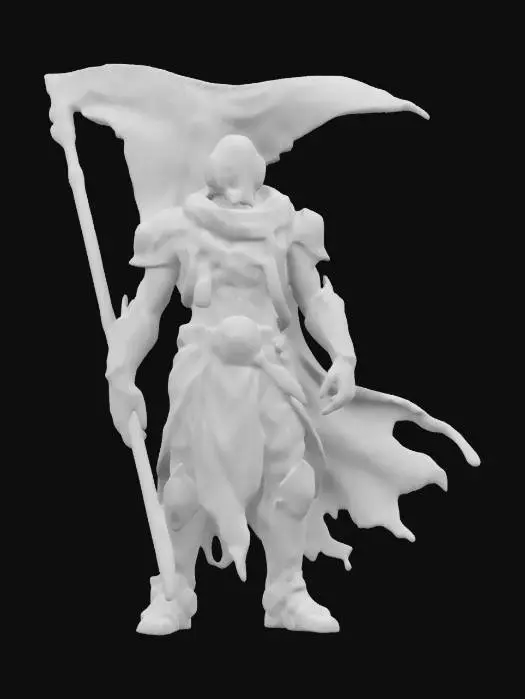 3D model for sci-fi old robot technologist, warped crushed disjointed body, torn robe fluttering in the wind, warped armor, glowing eyes, holding a fluttering battle flag in his hand, extremely detailed, high resolution texture, epic stance