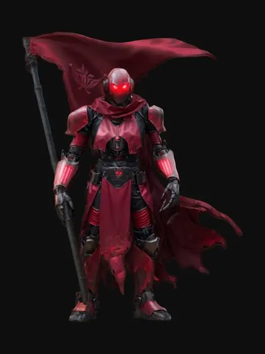 3D model for sci-fi old robot technologist, warped crushed disjointed body, torn robe fluttering in the wind, warped armor, glowing eyes, holding a fluttering battle flag in his hand, extremely detailed, high resolution texture, epic stance