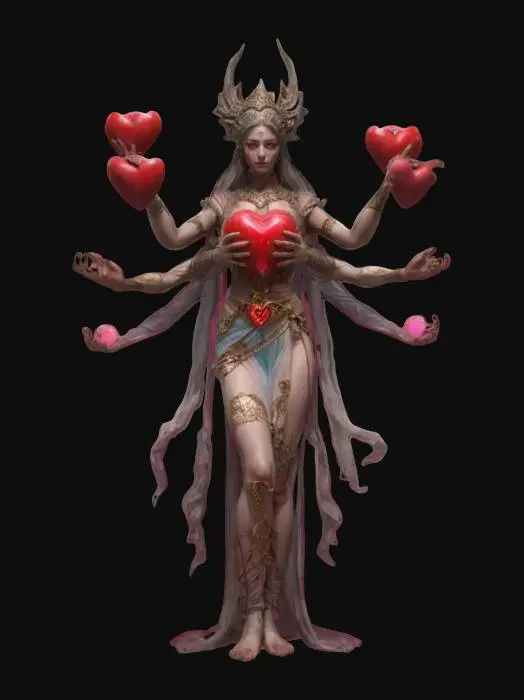 3D model for fantasy female six-armed goddess, in each hand holding a heart of a different color and shape, perhaps a movement of love, body covered with cloth, face obscured, only hands with hearts are clear, everything is a historical perspective, extremely details, high resolution texture, epic stance, #valentine#