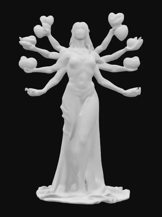 3D model for fantasy female six-armed goddess, in each hand holding a heart of a different color and shape, perhaps a movement of love, body covered with cloth, face obscured, only hands with hearts are clear, everything is a historical perspective, extremely details, high resolution texture, epic stance, #valentine#