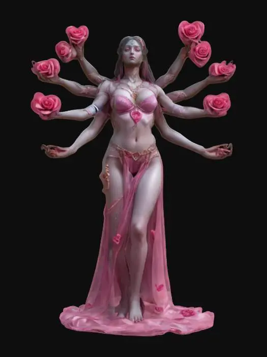 3D model for fantasy female six-armed goddess, in each hand holding a heart of a different color and shape, perhaps a movement of love, body covered with cloth, face obscured, only hands with hearts are clear, everything is a historical perspective, extremely details, high resolution texture, epic stance, #valentine#