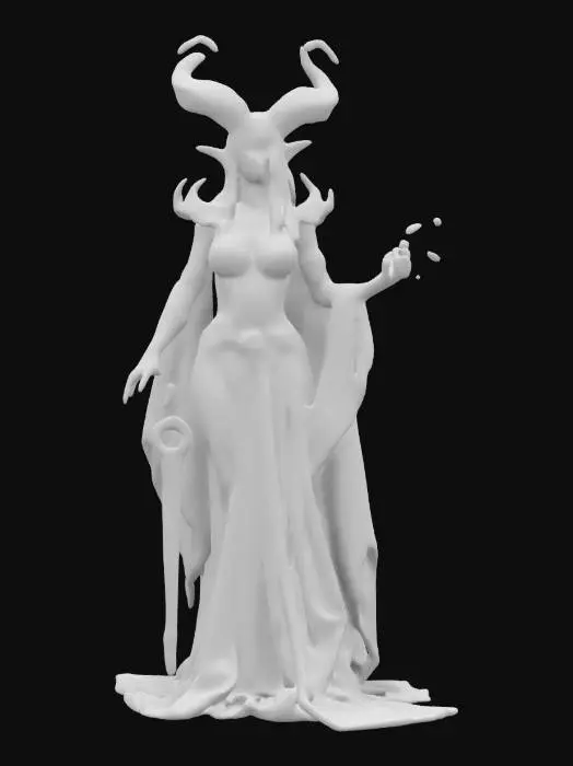 3D model for fantasy demonic female guardian of love, beautiful curves and robustly crafted body, beautiful embroidered clothing, holding a key or bunch of keys in her hand, energy emanating from within, extremely deatils, high resolution texture, epic action