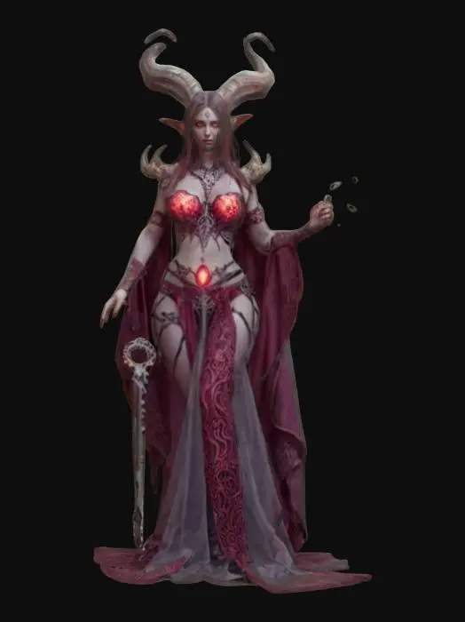3D model for fantasy demonic female guardian of love, beautiful curves and robustly crafted body, beautiful embroidered clothing, holding a key or bunch of keys in her hand, energy emanating from within, extremely deatils, high resolution texture, epic action