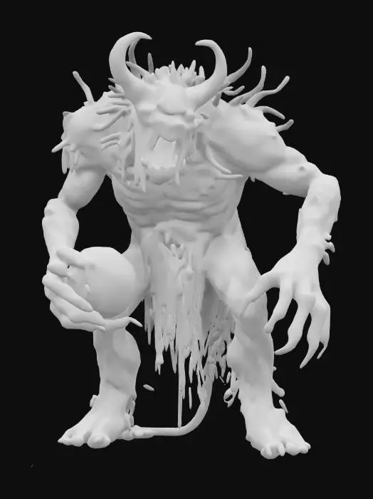 3D model for fantasy demonic forest devil elemental, massive body covered with roots and branches, open mouth, fangs extended forward, body covered with grass and leaves, holding a devil egg in his hand, extremely details, high resolution texture, epic action