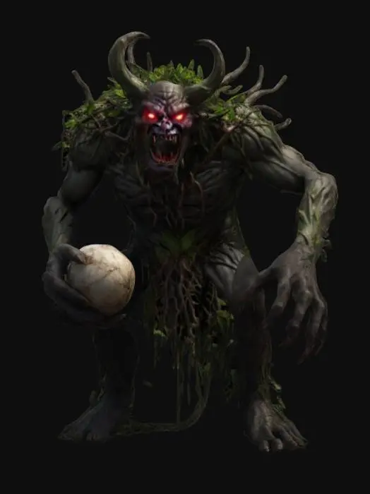 3D model for fantasy demonic forest devil elemental, massive body covered with roots and branches, open mouth, fangs extended forward, body covered with grass and leaves, holding a devil egg in his hand, extremely details, high resolution texture, epic action