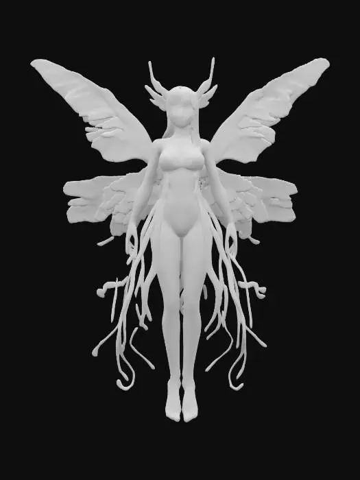 3D model for fantasy magical creature, between a witch, a butterfly and a nymph, elegant body shapes, long hair reaching to the ground and fluttering in the wind, movements as if the character is dancing in air, the body is covered in scraps of clothing or just hair, extremely detailed, high-resolution texture, epic stance