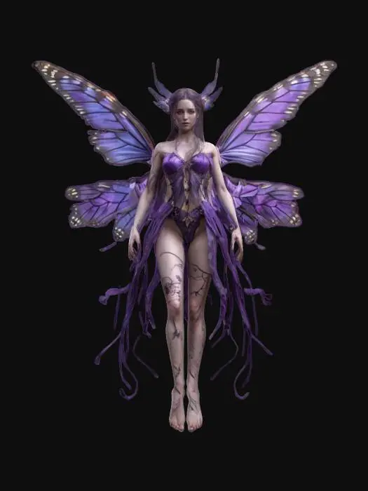 3D model for fantasy magical creature, between a witch, a butterfly and a nymph, elegant body shapes, long hair reaching to the ground and fluttering in the wind, movements as if the character is dancing in air, the body is covered in scraps of clothing or just hair, extremely detailed, high-resolution texture, epic stance