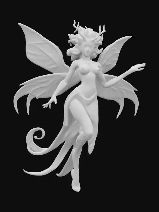 3D model for fantasy magical creature, between a witch, a butterfly and a nymph, elegant body shapes, long hair reaching to the ground and fluttering in the wind, movements as if the character is dancing in air, the body is covered in scraps of clothing or just hair, extremely detailed, high-resolution texture, epic stance