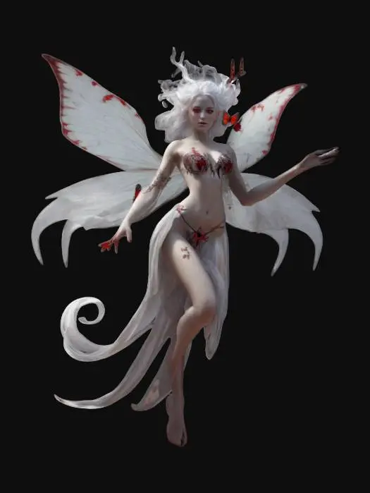 3D model for fantasy magical creature, between a witch, a butterfly and a nymph, elegant body shapes, long hair reaching to the ground and fluttering in the wind, movements as if the character is dancing in air, the body is covered in scraps of clothing or just hair, extremely detailed, high-resolution texture, epic stance