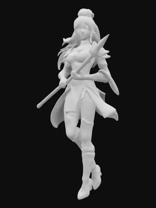 3D model for fantasy Japanese female warrior with spear, young graceful and elegant body, elegant movements, in action, clothes fluttering in movement in the wind, styled hair, extremely details, high resolution texture, epic action