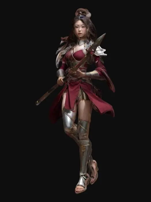 3D model for fantasy Japanese female warrior with spear, young graceful and elegant body, elegant movements, in action, clothes fluttering in movement in the wind, styled hair, extremely details, high resolution texture, epic action
