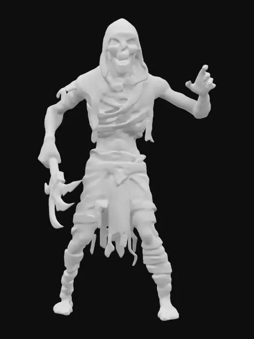 3D model for fantasy Egyptian mummy, thin body wrapped in bandages, fierce expression on face, arms stretched and reaching forward, in attack, ends of bandages fluttering around, may also have a mask or something in his hand, extremely details, high resolution texture, epic stance