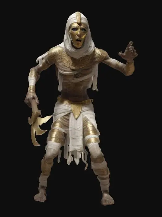 3D model for fantasy Egyptian mummy, thin body wrapped in bandages, fierce expression on face, arms stretched and reaching forward, in attack, ends of bandages fluttering around, may also have a mask or something in his hand, extremely details, high resolution texture, epic stance