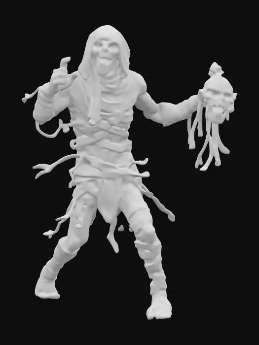 3D model for fantasy Egyptian mummy, thin body wrapped in bandages, fierce expression on face, arms stretched and reaching forward, in attack, ends of bandages fluttering around, may also have a mask or something in his hand, extremely details, high resolution texture, epic stance