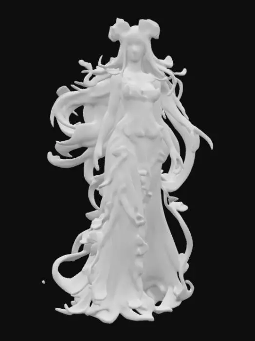 3D model for fantasy forest goddess of flowers, tall graceful body with graceful curves, elegant gown fluttering in the wind, long groomed hair, entire body covered in flowers or butterflies, extremely detailed, high resolution texture, epic action