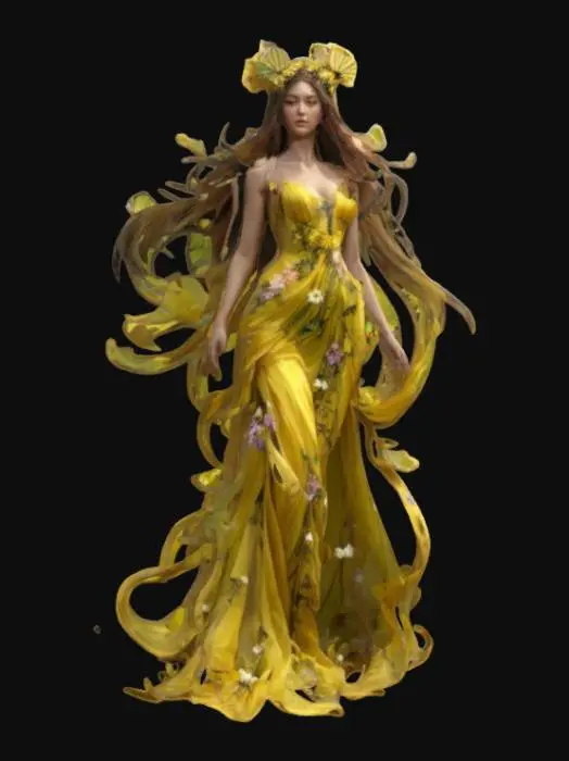 3D model for fantasy forest goddess of flowers, tall graceful body with graceful curves, elegant gown fluttering in the wind, long groomed hair, entire body covered in flowers or butterflies, extremely detailed, high resolution texture, epic action
