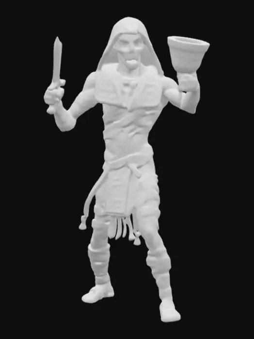 3D model for fantasy Egyptian mummy, thin body wrapped in bandages, fierce expression on face, arms stretched and reaching forward, in attack, ends of bandages fluttering around, may also have a mask or something in his hand, extremely details, high resolution texture, epic stance