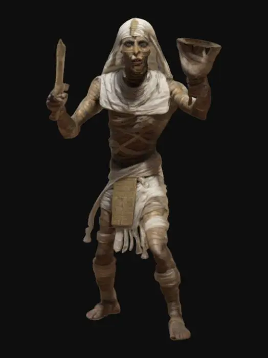 3D model for fantasy Egyptian mummy, thin body wrapped in bandages, fierce expression on face, arms stretched and reaching forward, in attack, ends of bandages fluttering around, may also have a mask or something in his hand, extremely details, high resolution texture, epic stance
