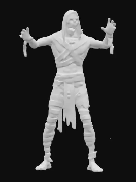 3D model for fantasy Egyptian mummy, thin body wrapped in bandages, fierce expression on face, arms stretched and reaching forward, in attack, ends of bandages fluttering around, may also have a mask or something in his hand, extremely details, high resolution texture, epic stance