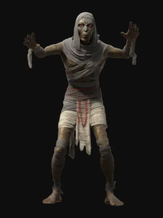 3D model for fantasy Egyptian mummy, thin body wrapped in bandages, fierce expression on face, arms stretched and reaching forward, in attack, ends of bandages fluttering around, may also have a mask or something in his hand, extremely details, high resolution texture, epic stance