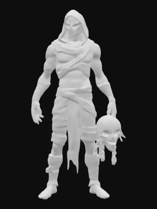 3D model for fantasy Egyptian mummy, thin body wrapped in bandages, fierce expression on face, arms stretched and reaching forward, in attack, ends of bandages fluttering around, may also have a mask or something in his hand, extremely details, high resolution texture, epic stance