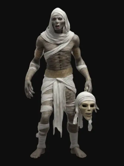 3D model for fantasy Egyptian mummy, thin body wrapped in bandages, fierce expression on face, arms stretched and reaching forward, in attack, ends of bandages fluttering around, may also have a mask or something in his hand, extremely details, high resolution texture, epic stance